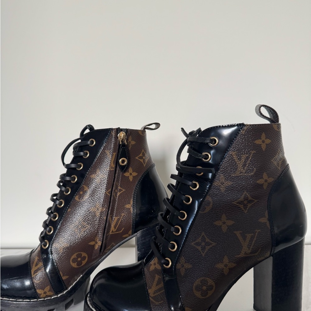 Louis Vuitton Black and Brown Monogram Lace-Up Platform Ankle Boots - Picture 4 of 8
